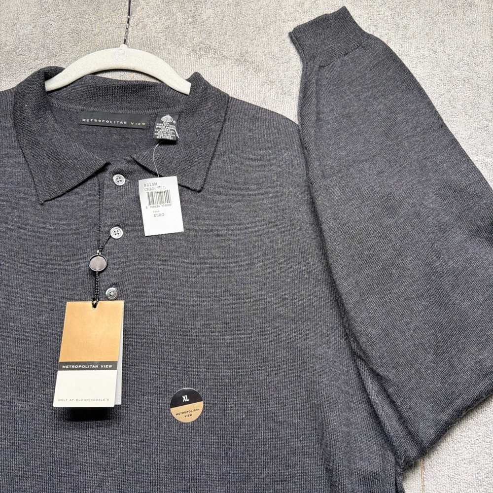 Merino Wool Polo Sweater Gray Long Sleeve Knit Mens XL Metropolitan View